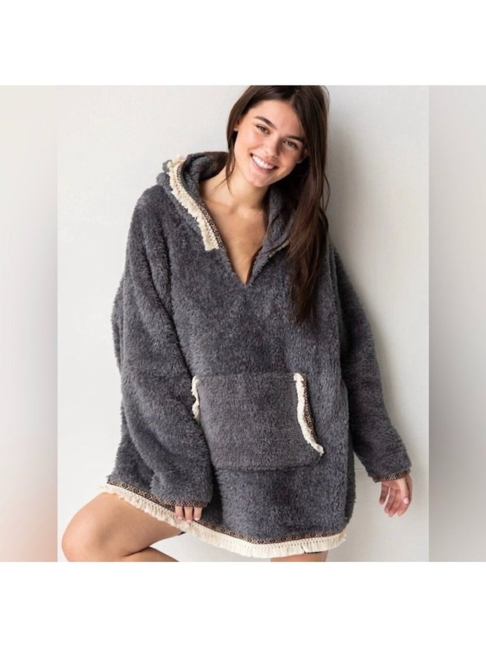 Natural Life Gray Teddy Sherpa Hoodie Blanket Sweater Oversized One Size Women's